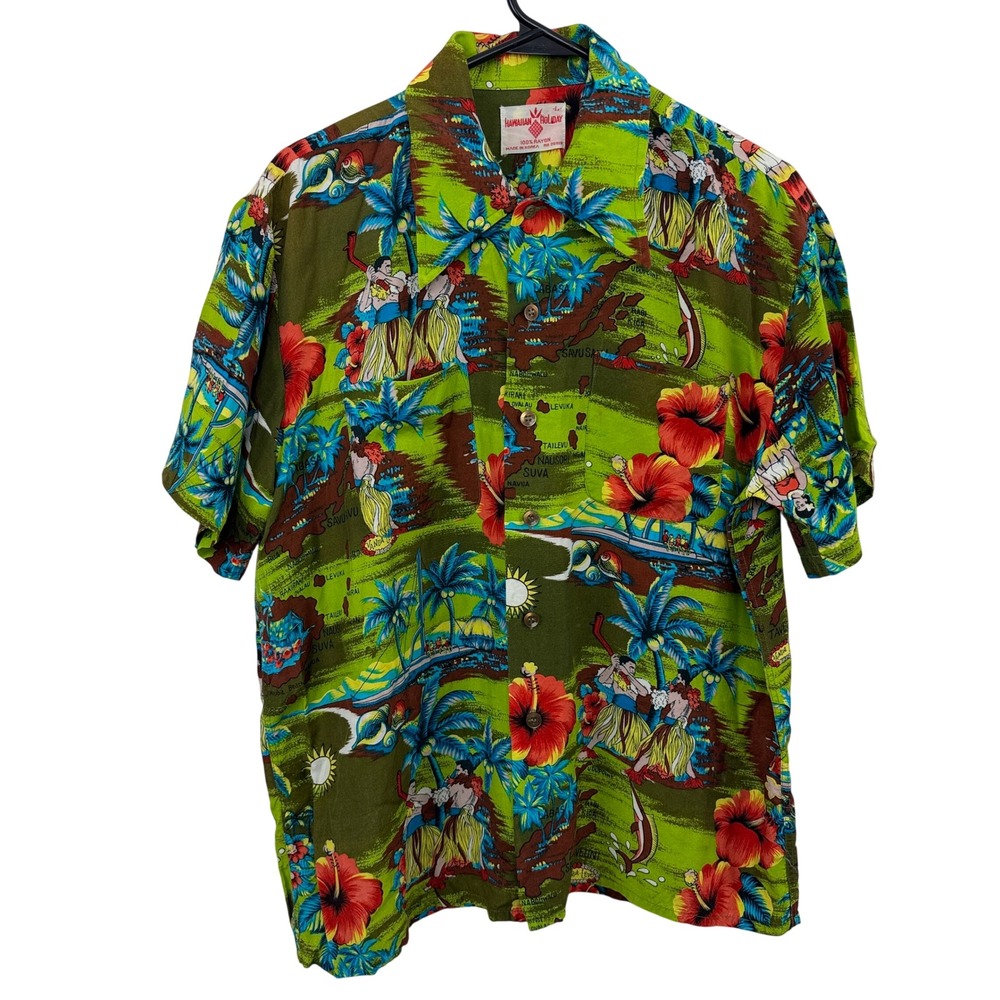 Hawaiian Holiday Shirt Mens Large Green Fiji Map Hula Dagger Tropical Rayon Vtg